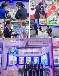 Haihao Group sales team discussing pipeline solutions with visitors at Tube China 2026 Booth W2A02