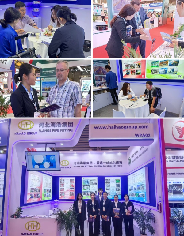 Haihao Group sales team discussing pipeline solutions with visitors at Tube China 2026 Booth W2A02